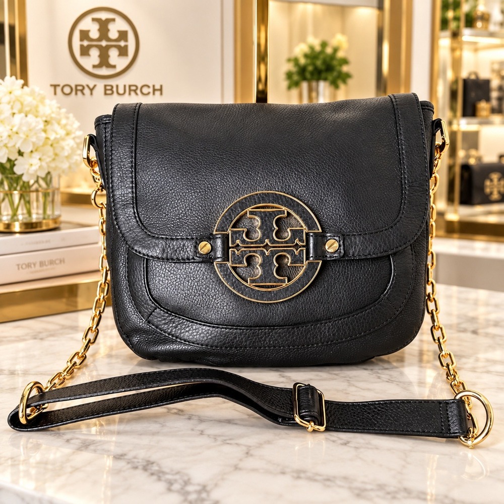 Tory Burch Amanda Messenger Crossbody Bag Black Pebbled Leather Gold Chain